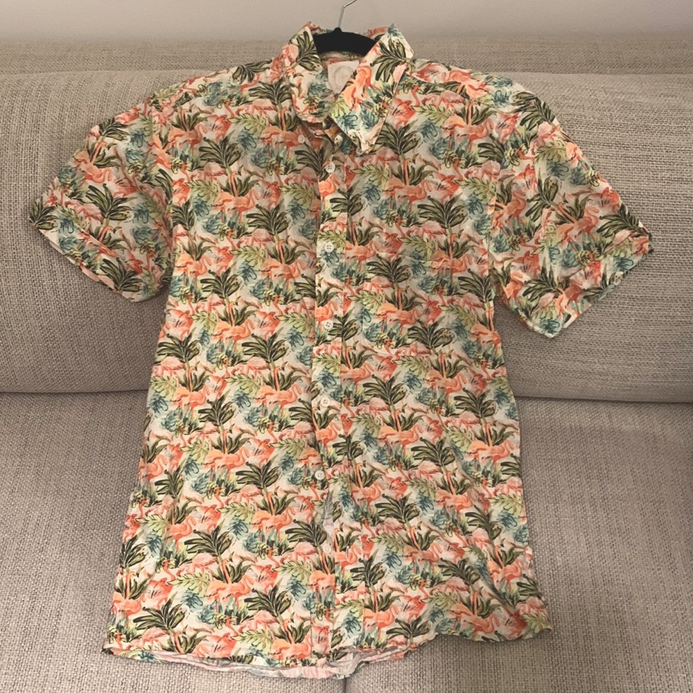 CONCRETE + WATER Afield Flamingo Print Short-Sleeve Button Down